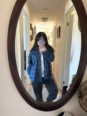 Vintage Lucky Brand cotton Navy and Green Plaid Button-Down Shirt